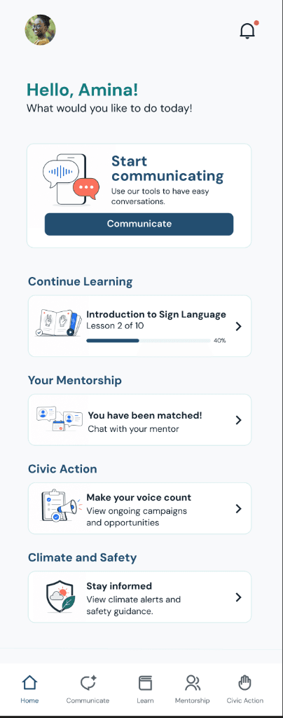 DisabiliTech mobile app home screen greeting Amina, featuring quick actions for Start Communicating, Introduction to Sign Language, Mentorship match, Civic Action, and Climate and Safety.